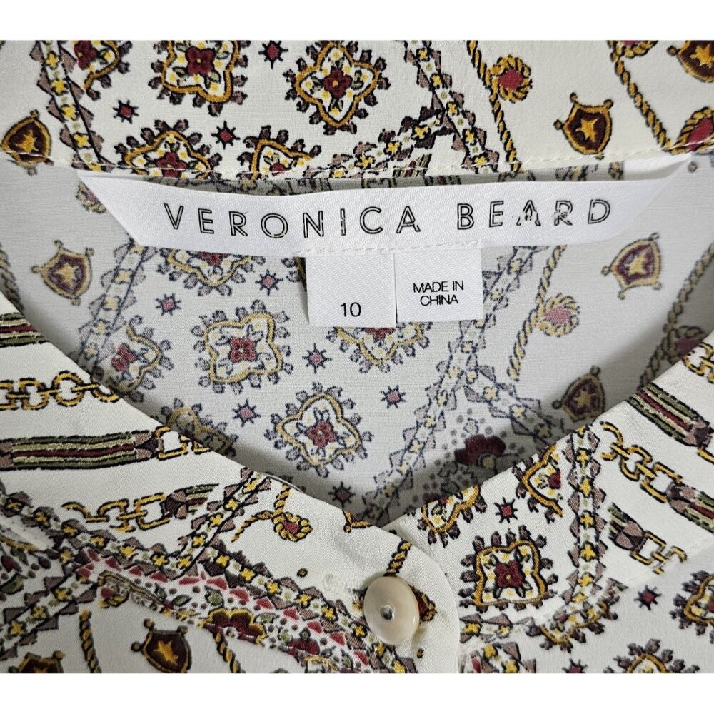 Veronica Beard Sz 10 Ivory Multi Color Silk Blouse Printed Long Sleeve Button Up - Picture 2 of 7